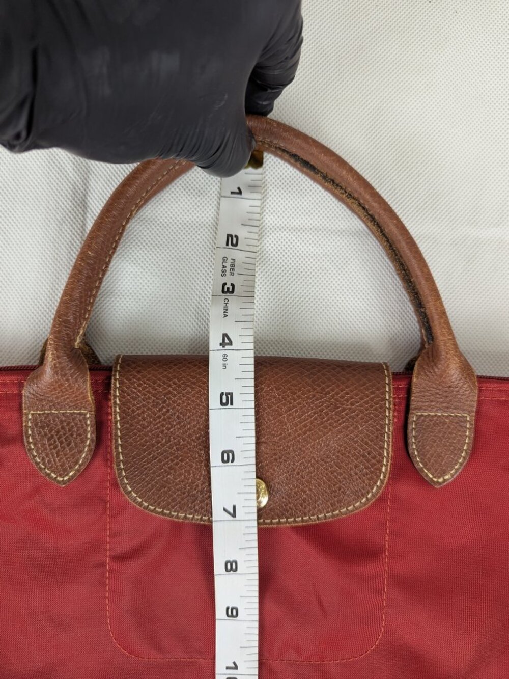 Pre-Owned Longchamp Le Pliage Authentic Nylon Leather Tote Bag Red Made in China - Picture 15 of 15